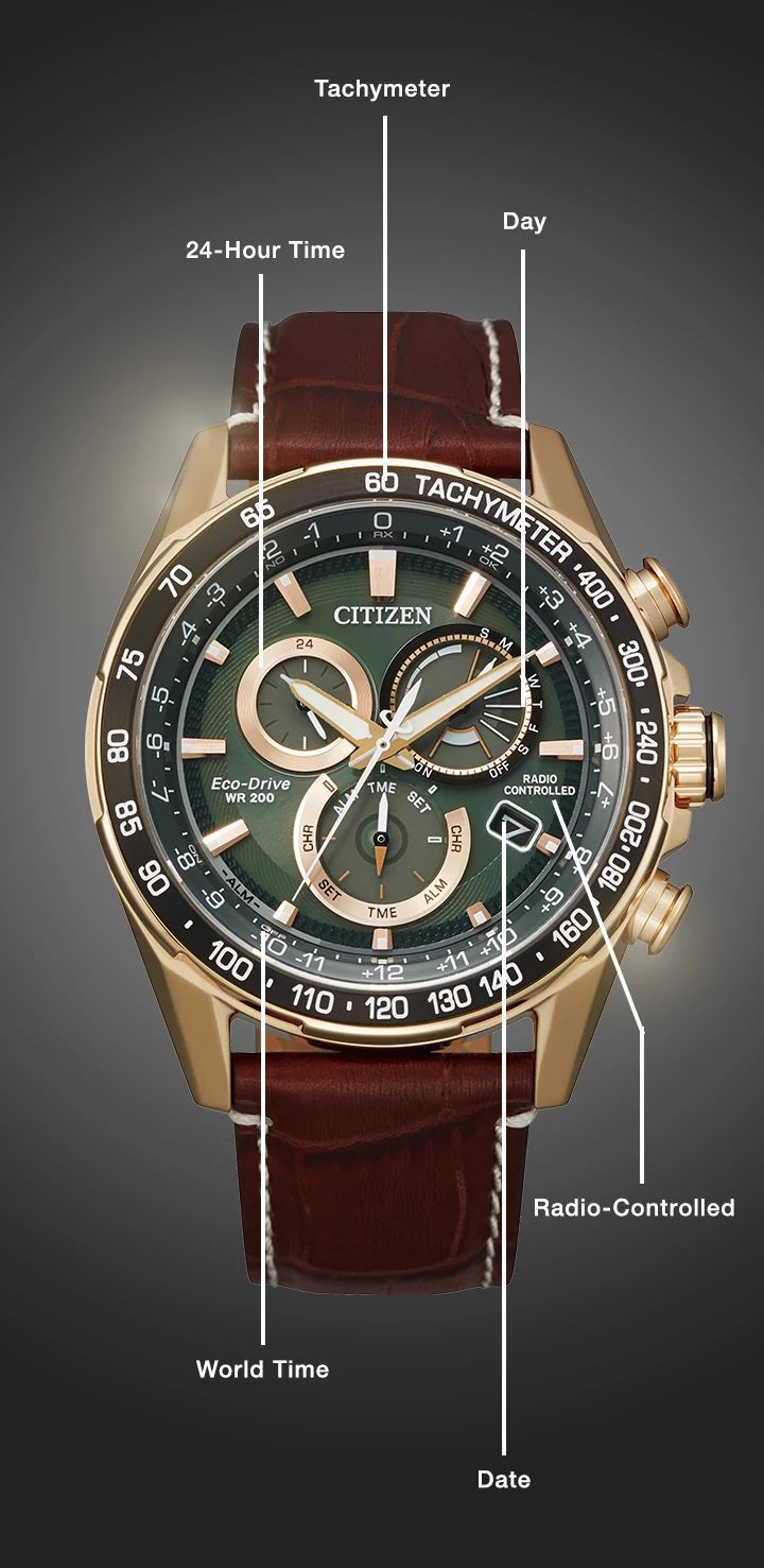 Watch diagram showing features of Men's PCAT model CB5919-00X