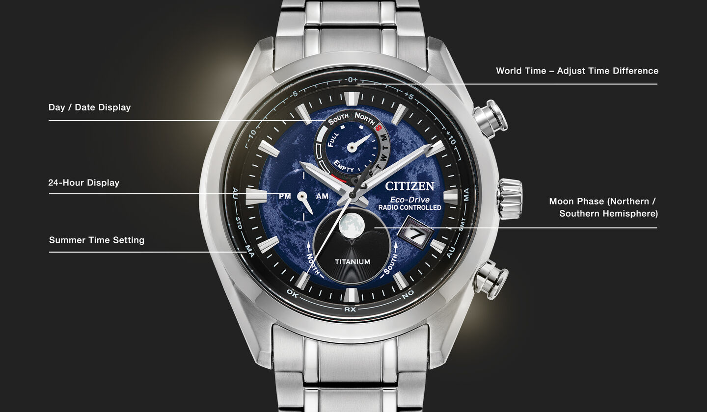 Watch diagram showing features of Tsuki-yomi A-T model BY1010-57L